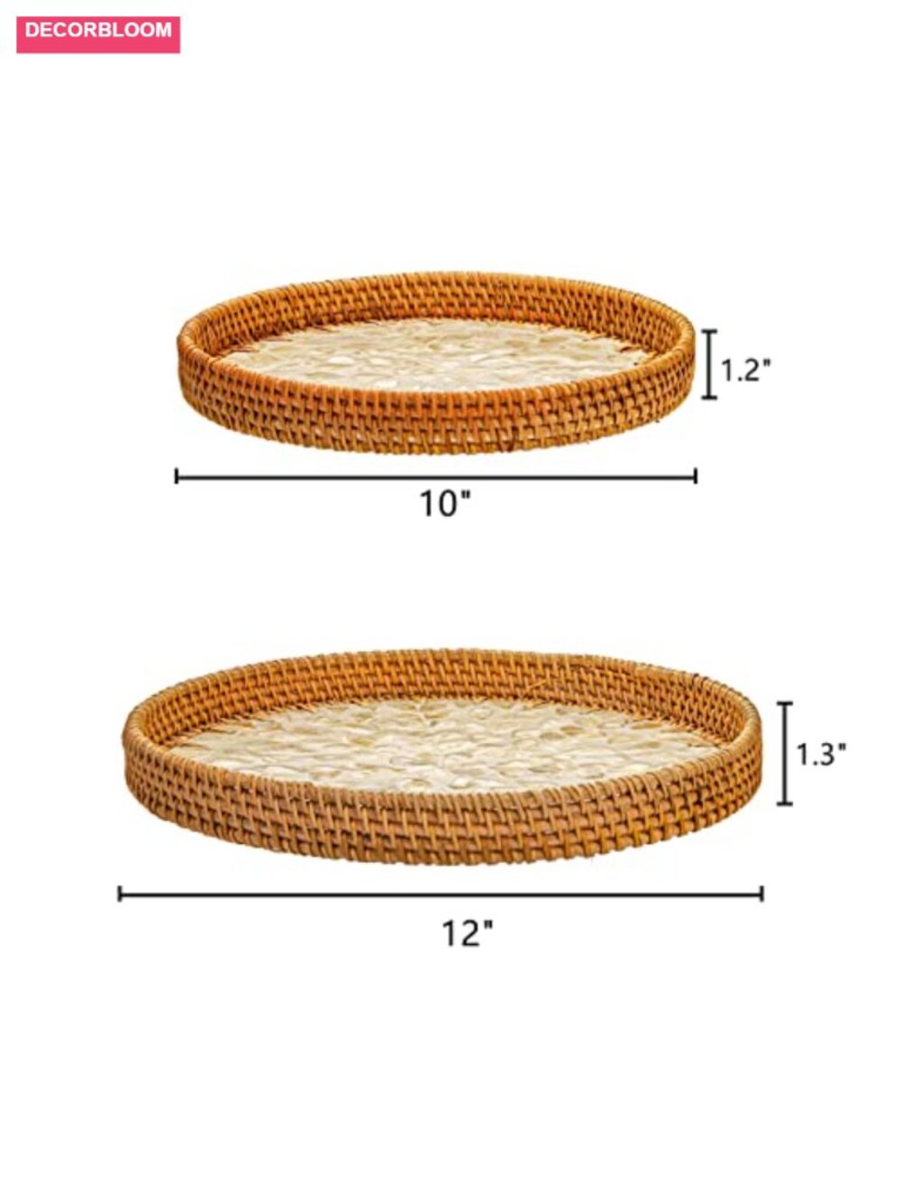 2 Pack Rattan Trays with Mother of Pearl Inlay, Wicker Serving Trays, - Picture 2 of 6